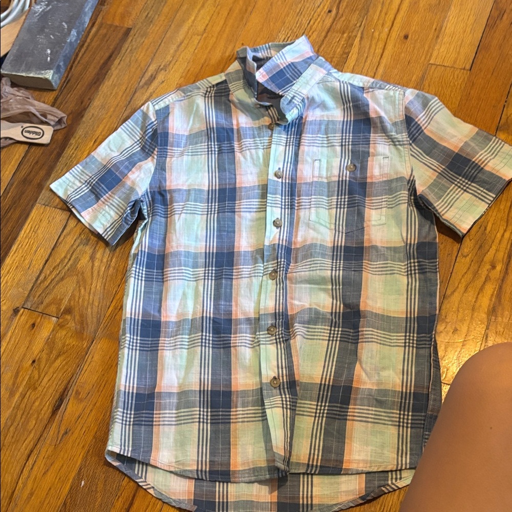 Falls Creek Plaid Button-Down Shirt in Blue and Peach
